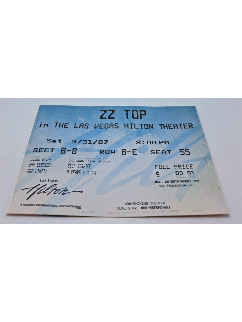 ZZ TOP The Las Vegas HILTON Theater Sat 3/31/2007 Ticket Stub